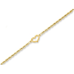 GEM AND HARMONY Diamond Cut Rope Chain Anklet With Heart In 14K Gold 10 Inches In Yellow