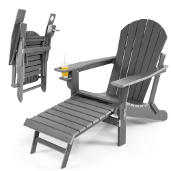 COSTWAY Patio Folding Adirondack Chair HDpe All-Weather Pull-Out Ottoman