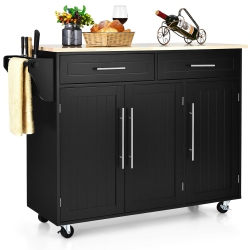 GYMAX Kitchen Island Trolley Cart Wood Top Rolling Storage Cabinet W/knife Block In Black