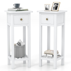 GYMAX Solid Wood Side Table Rectangular 2PCs Sofa Side Table W/ Acacia Wood Top Telephone Table In White