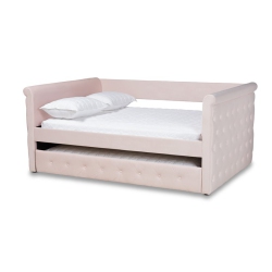 BOWERY HILL Mid-Century Velvet And Wood Full Daybed With Trundle In Light In Pink