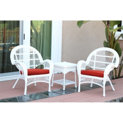 JECO INC. Jeco 3 Piece Wicker Conversation Set In White With Cushions In Red