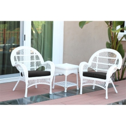 JECO INC. Jeco 3 Piece Wicker Conversation Set In With Black Cushions In White