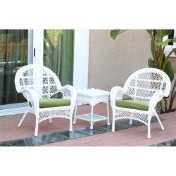 JECO INC. Jeco 3 Piece Wicker Conversation Set In White With Cushions In Green
