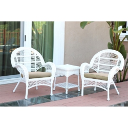 JECO INC. Jeco 3 Piece Wicker Conversation Set In With Tan Cushions In White