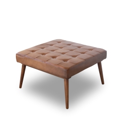 ASHCROFT Alvar Mid-Century Modern Square Tufted Genuine Leather Ottoman In In Tan