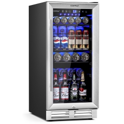 COSTWAY 15 Inch Beverage Refrigerator, Built-In Beverage Cooler W/ Double-Layer Tempered Glass Door