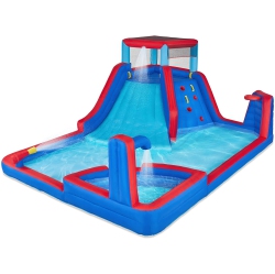 SUNNY & FUN Four Corner Inflatable Water Slide Park – Heavy-Duty for Outdoor Fun - Climbing Wall, Slide & Deep Pool – Easy to Set Up & Inflate
