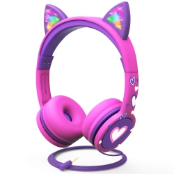 HLD Fospower Kids Headphones With Led Light Up Cat Ears 3.5MM On Ear Audio Headphones for Kids With Laced Tangle Free Cable (Max