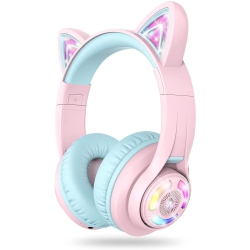 HLD Iclever Cat Ear Bluetooth Headphones RGB Led Light Up Over Ear With Microphone, 74/85/94Db Volume Limiting Comfort Foldable
