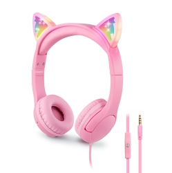 HLD Pingko Kids Headphones: Toddler Headphones With Microphone - Cat Ear Headphones for Girls Boys, Led Light 3.5MM Jack, 85Db V