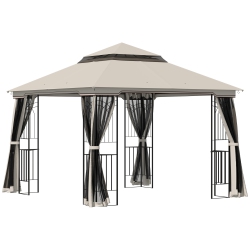 OUTSUNNY 10' X 10' Outdoor Patio Gazebo Canopy With Double Tier Roof, Removable Mesh Curtains, Display Shelves, Top Hooks In Beige