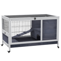 PAWHUT Wooden Indoor Rabbit Hutch Elevated Bunny Cage Habitat With Enclosed Run With Wheels, Ideal for Rabbits And Guinea Pigs In White