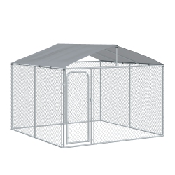 PAWHUT Outdoor Dog Kennel With Roof, Dog Run With Waterproof & Uv-Resistant Cover, Secure Lock, for Backyard & Patio, 9.8' X 9.8' X 7.7'