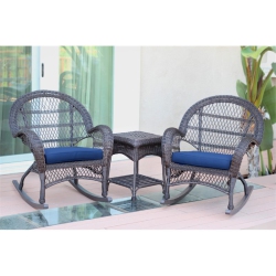 JECO INC. Jeco 3 Piece Wicker Conversation Set In Espresso With Cushions In Blue
