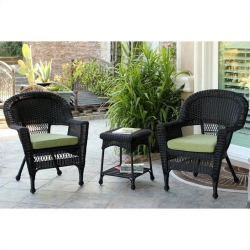JECO INC. Jeco 3 Piece Wicker Conversation Set In Black With Cushions In Green