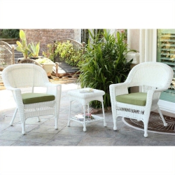 JECO INC. Jeco 3 Piece Wicker Conversation Set In White With Cushions In Green