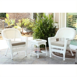JECO INC. Jeco 3 Piece Wicker Conversation Set In With Tan Cushions In White