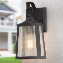 UOLFIN Farmhouse Outdoor Wall Sconce Light, 1-Light Modern Outdoor Wall Lantern Sconce With Rustic Seeded Glass Shade In Black