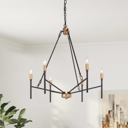 UOLFIN Modern Industrial Chandelier, 6-Light And Deep Gold Dining Room Chandelier With Classic Candle Style In Black