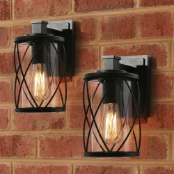 UOLFIN Farmhouse Drum Outdoor Wall Sconce Light, 1-Light Matte Industrial Outdoor Cage Wall Lantern With Clear Glass Shade (2-Pack) In Black