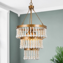UOLFIN Modern Farmhouse Boho Chandelier, 6-Light Antique Gold Dining Room Chandelier With Wood Beads In White