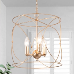 UOLFIN Modern Drum Dining Room Chandelier 3-Light Cylinder Hanging Chandelier Light In Gold