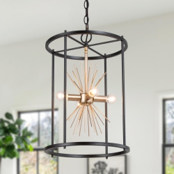 UOLFIN Modern Industrial Kitchen Island Chandelier, 4-Light And Gold Cage Chandelier With Sputnik Design In Black