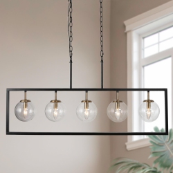 UOLFIN Modern Geometric Linear Chandelier, 5-Light And Brass Dining Room Chandelier With Globe Glass Shades In Black