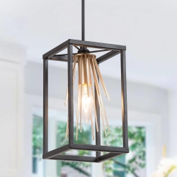 UOLFIN Modern & Brass Cage Pendant Light, 1-Light Lantern Pendant Hanging Ceiling Light for Kitchen Island In Black