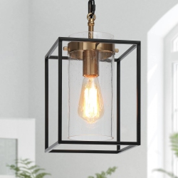 UOLFIN Modern Geometric Kitchen Pendant Lighting, 1-Light And Brass Gold \w Cylinder Glass Modern/contemporary Clear Glass Cylinder Led Mini Hanging