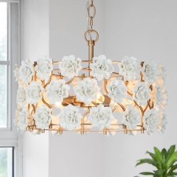 UOLFIN Modern Farmhouse Drum Chandelier Light, 3-Light Geometric Chandelier Pendant Light With Ceramics Flowers In White