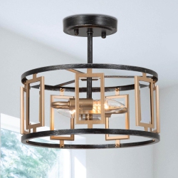 UOLFIN Modern Drum Ceiling Light 2-Light Brushed And Gold Semi-Flush Mount Light Round Kitchen Ceiling Mounted Light In Black