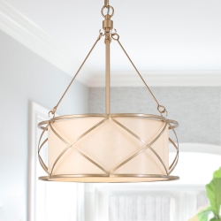 UOLFIN Drum Bedroom Chandelier, 3-Light Modern Farmhouse Cage Chandelier Pendant Light With Fabric Shades In Gold
