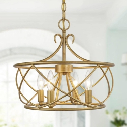 UOLFIN Modern Drum Dining Room Chandelier Light, 4-Light Antique Cage Chandelier Light With Candlestick Design In Gold