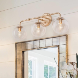 UOLFIN Modern Linear Vanity Light, 3-Light Bathroom Wall Sconce With Globe Seeded Glass Shades In Gold
