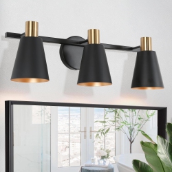 UOLFIN Modern Round Bathroom Vanity Light 3-Light And Brass Cylinder Wall Light With Metal Shades In Black