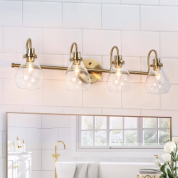 UOLFIN Modern Bathroom Vanity Light, 32-In 4-Light Brass And Clear Bell Glass Shape Led Modern/contemporary Vanity Light In Gold