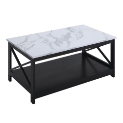 CONVENIENCE CONCEPTS Oxford Coffee Table With Shelf In Faux Marble And Black Wood Finish In White