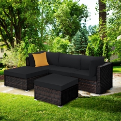 GYMAX 5PCs Rattan Patio Conversation Set Outdoor Furniture Set W/ Cushions In Black