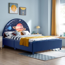 COSTWAY Kids Upholstered Platform Bed Children Twin Size Wooden Bed Galaxy Pattern