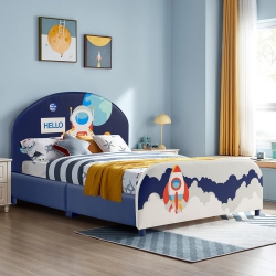 COSTWAY Kids Upholstered Platform Bed Children Twin Size Wooden Bed Astronaut Pattern