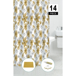 MAISON CONCEPTS 14PC Set Peva S. Curtain + 12 Hooks + Bathmat Honey Mustard