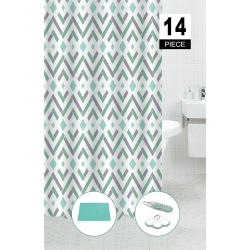 MAISON CONCEPTS 14PC Set Peva S. Curtain + 12 Hooks + Bathmat Geo Diamond