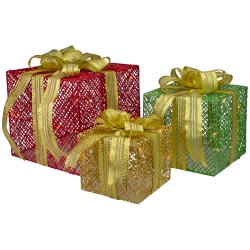 NORTHLIGHT Set Of 3 Led Lighted Red And Gold Glitter Gift Boxes Outdoor Christmas Decoration In Green