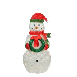 NORTHLIGHT 38" White And Lighted Tinsel Snowman With Wreath Christmas Outdoor Decoration In Red