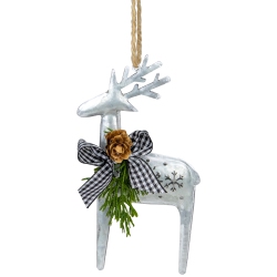 NORTHLIGHT 6.25" Silver Metal Reindeer Christmas Ornament With A Gingham Bowtie And Pine In Black