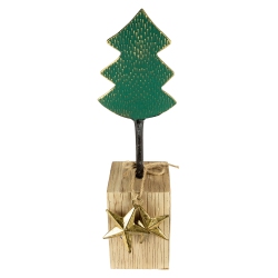 NORTHLIGHT 16.75" Metal Tree In Chunky Wood Base Christmas Decor In Green