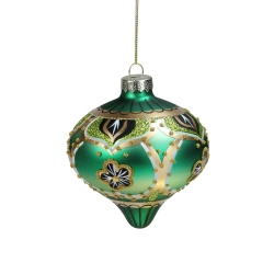 NORTHLIGHT 4.5" Gold Black Floral Bead And Jewel Glass Onion Christmas Ornament In Green