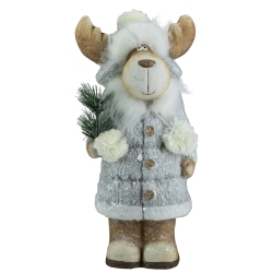 NORTHLIGHT 18" Ceramic Moose In Coat Holding Pine Sprig Christmas Figure In Gray
